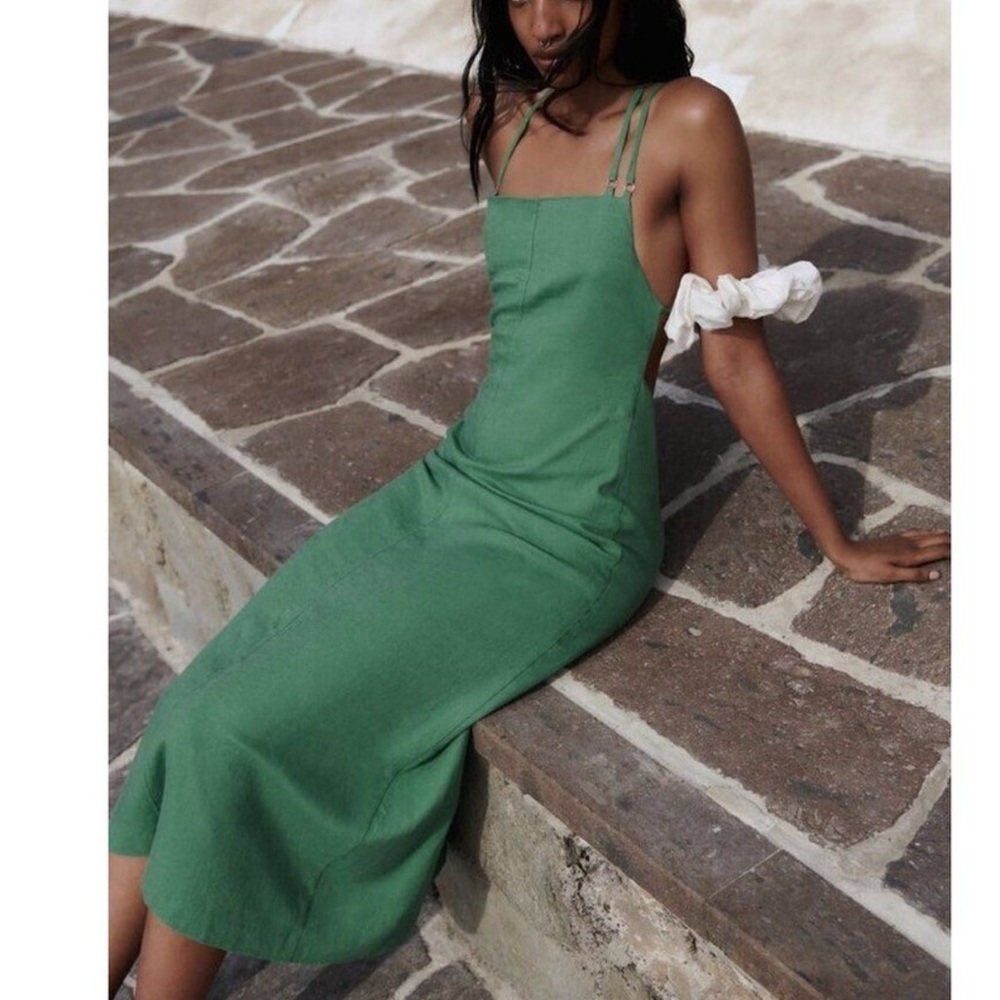 ZARA Green strapy back apron style dress sz med